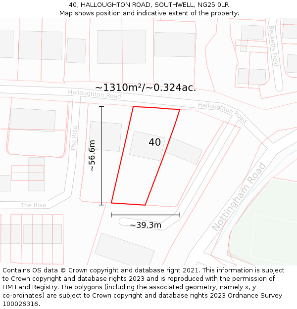 40, HALLOUGHTON ROAD, SOUTHWELL, NG25 0LR: Plot and title map