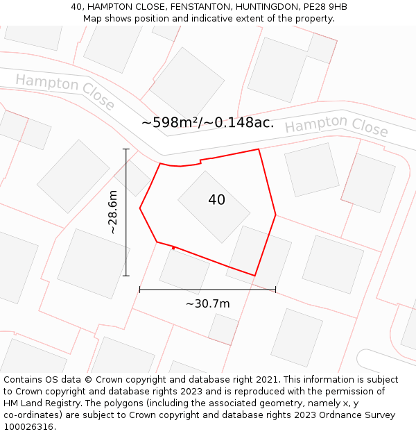 40, HAMPTON CLOSE, FENSTANTON, HUNTINGDON, PE28 9HB: Plot and title map