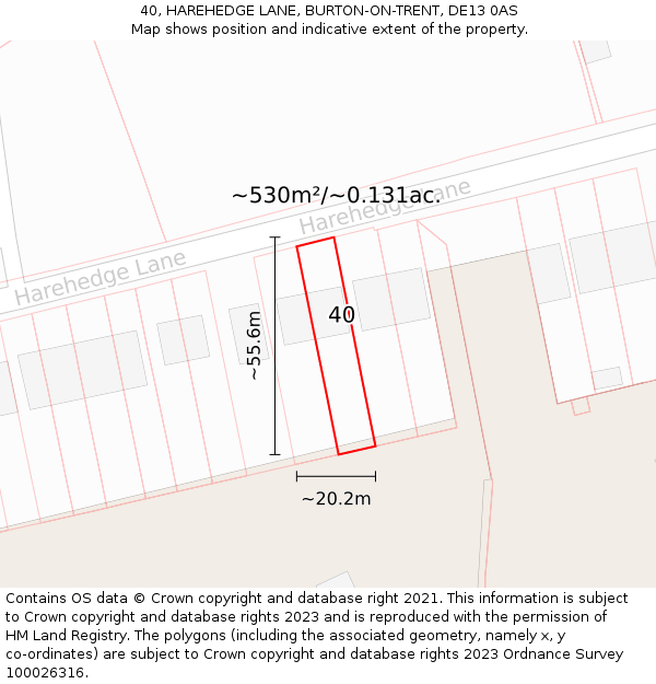 40, HAREHEDGE LANE, BURTON-ON-TRENT, DE13 0AS: Plot and title map