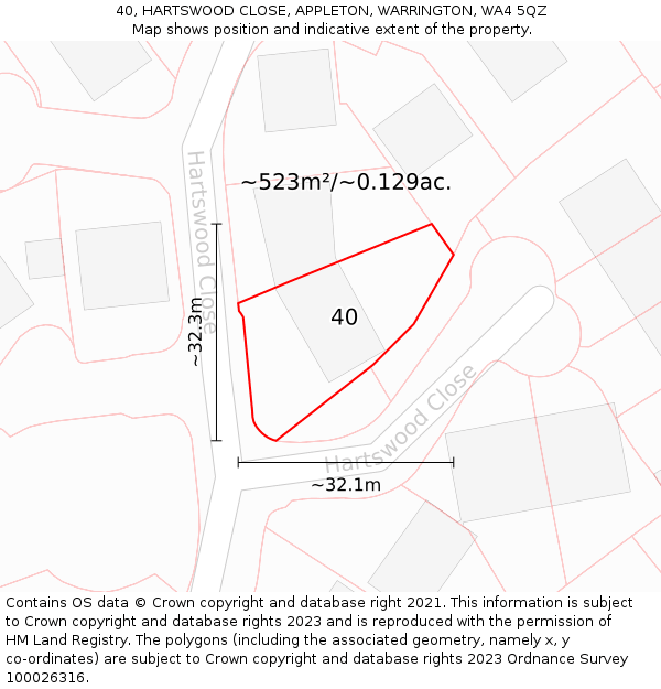 40, HARTSWOOD CLOSE, APPLETON, WARRINGTON, WA4 5QZ: Plot and title map