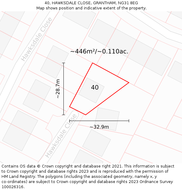 40, HAWKSDALE CLOSE, GRANTHAM, NG31 8EG: Plot and title map