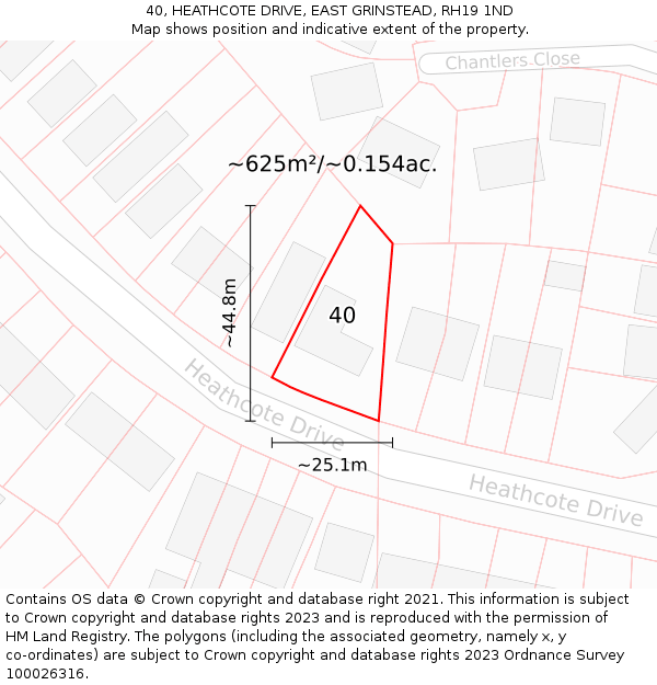 40, HEATHCOTE DRIVE, EAST GRINSTEAD, RH19 1ND: Plot and title map
