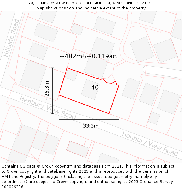40, HENBURY VIEW ROAD, CORFE MULLEN, WIMBORNE, BH21 3TT: Plot and title map