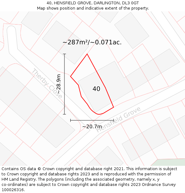 40, HENSFIELD GROVE, DARLINGTON, DL3 0GT: Plot and title map