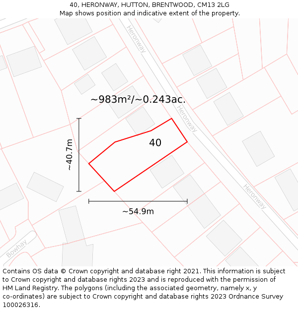 40, HERONWAY, HUTTON, BRENTWOOD, CM13 2LG: Plot and title map