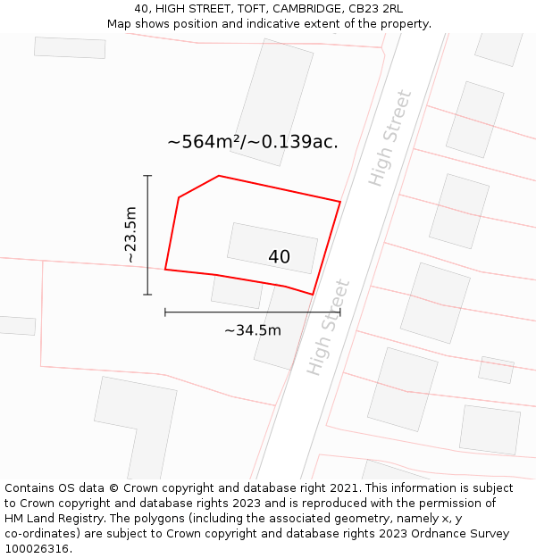 40, HIGH STREET, TOFT, CAMBRIDGE, CB23 2RL: Plot and title map