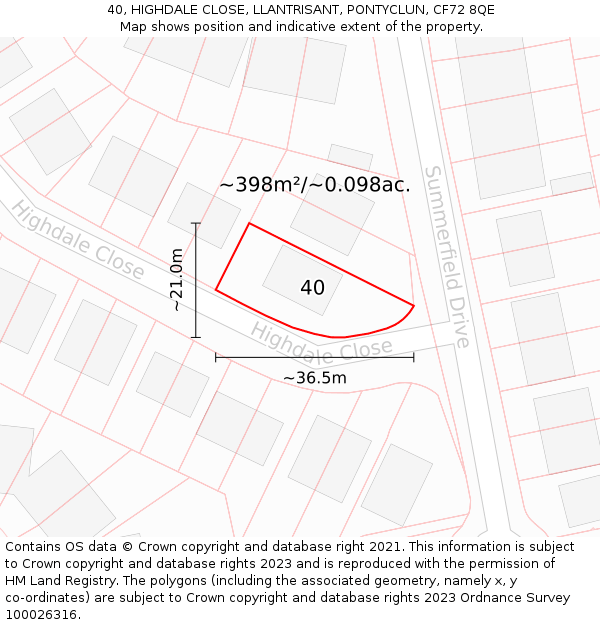 40, HIGHDALE CLOSE, LLANTRISANT, PONTYCLUN, CF72 8QE: Plot and title map
