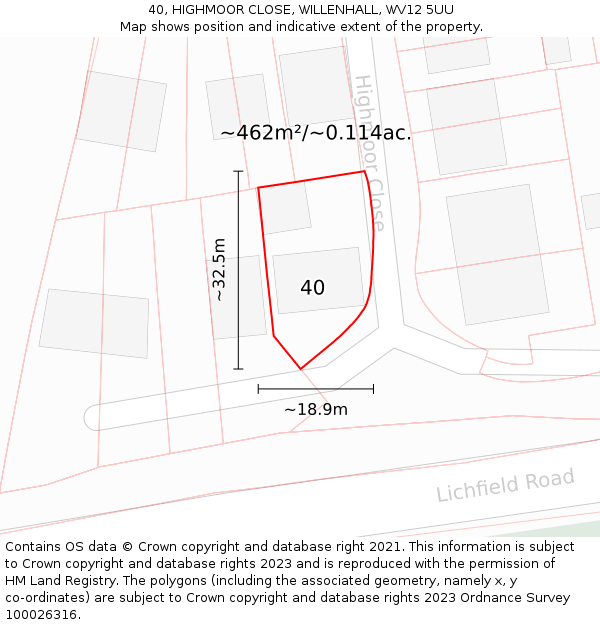 40, HIGHMOOR CLOSE, WILLENHALL, WV12 5UU: Plot and title map