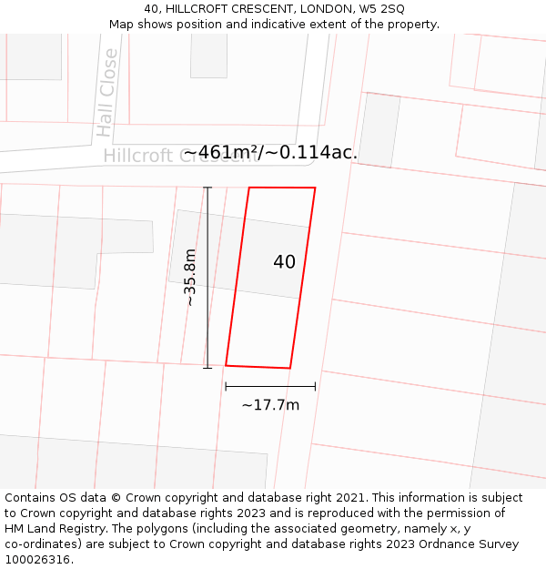 40, HILLCROFT CRESCENT, LONDON, W5 2SQ: Plot and title map