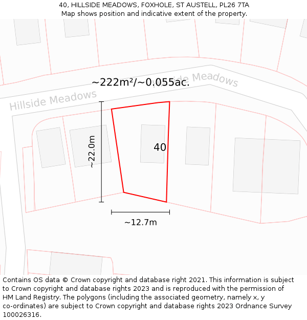 40, HILLSIDE MEADOWS, FOXHOLE, ST AUSTELL, PL26 7TA: Plot and title map