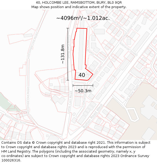 40, HOLCOMBE LEE, RAMSBOTTOM, BURY, BL0 9QR: Plot and title map