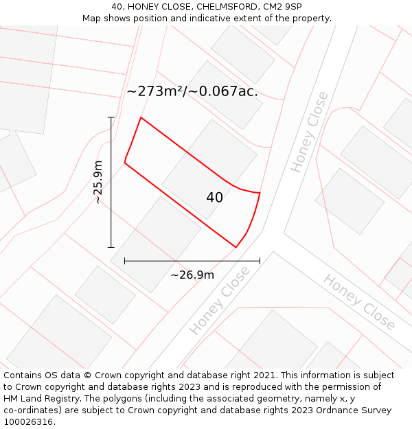 40, HONEY CLOSE, CHELMSFORD, CM2 9SP: Plot and title map
