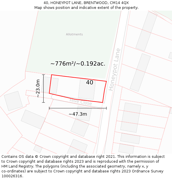 40, HONEYPOT LANE, BRENTWOOD, CM14 4QX: Plot and title map