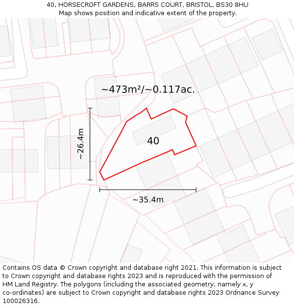40, HORSECROFT GARDENS, BARRS COURT, BRISTOL, BS30 8HU: Plot and title map