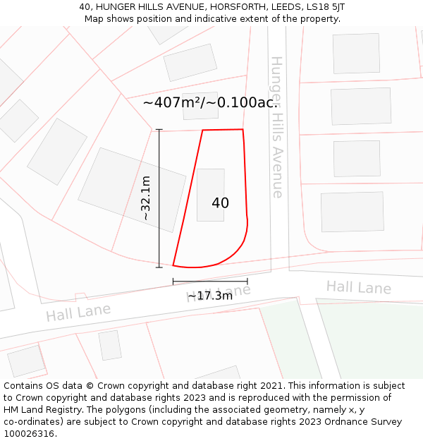40, HUNGER HILLS AVENUE, HORSFORTH, LEEDS, LS18 5JT: Plot and title map