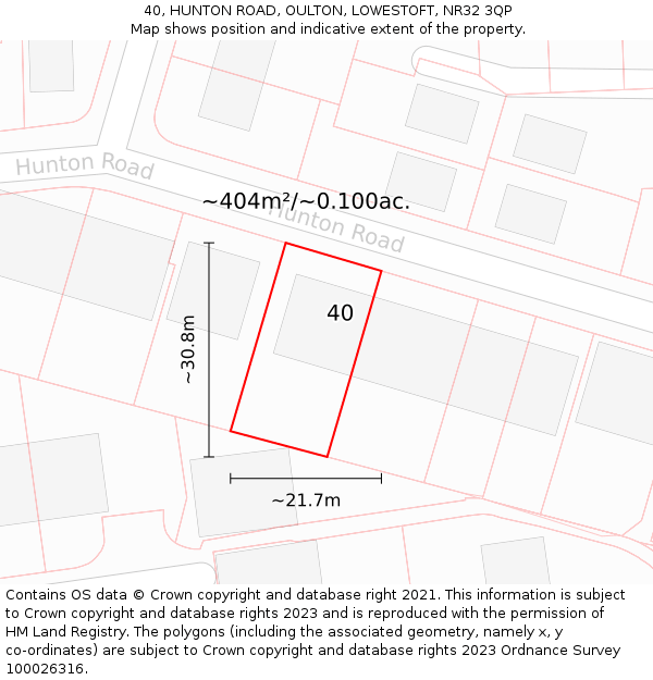 40, HUNTON ROAD, OULTON, LOWESTOFT, NR32 3QP: Plot and title map