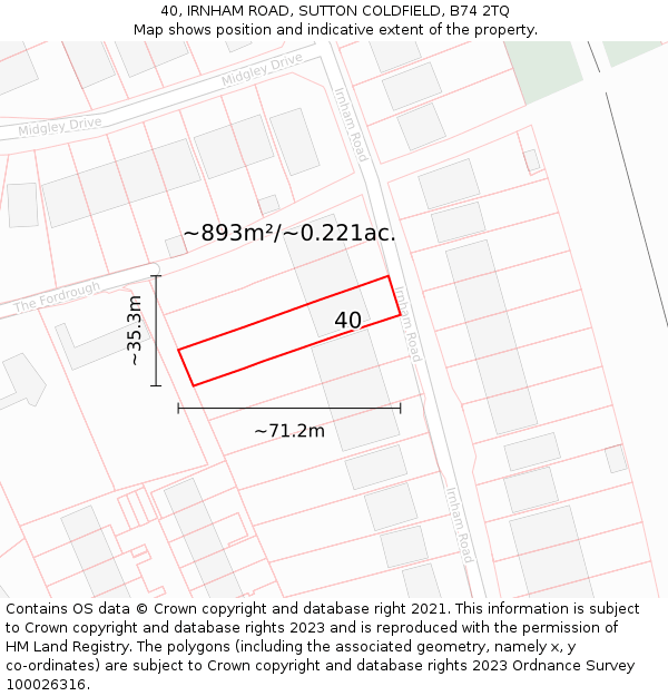 40, IRNHAM ROAD, SUTTON COLDFIELD, B74 2TQ: Plot and title map