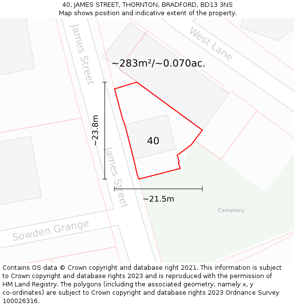 40, JAMES STREET, THORNTON, BRADFORD, BD13 3NS: Plot and title map