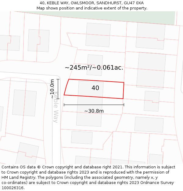 40, KEBLE WAY, OWLSMOOR, SANDHURST, GU47 0XA: Plot and title map
