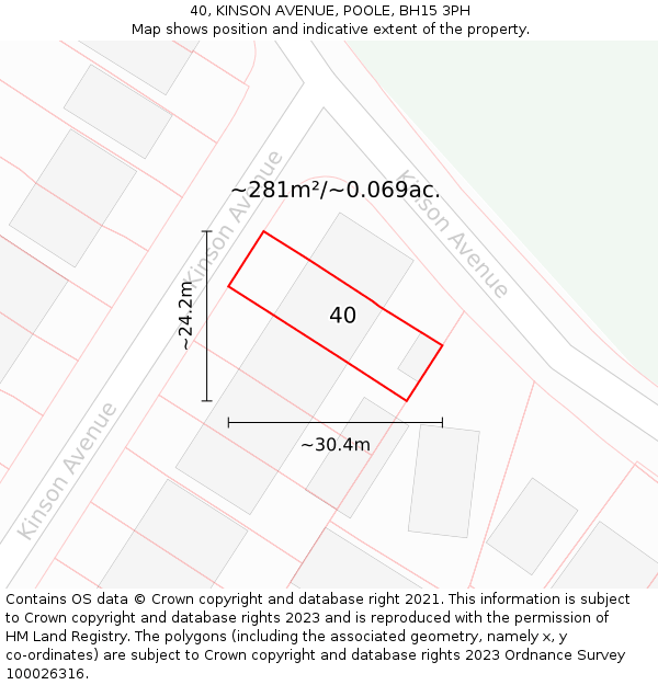40, KINSON AVENUE, POOLE, BH15 3PH: Plot and title map