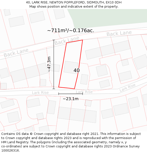 40, LARK RISE, NEWTON POPPLEFORD, SIDMOUTH, EX10 0DH: Plot and title map