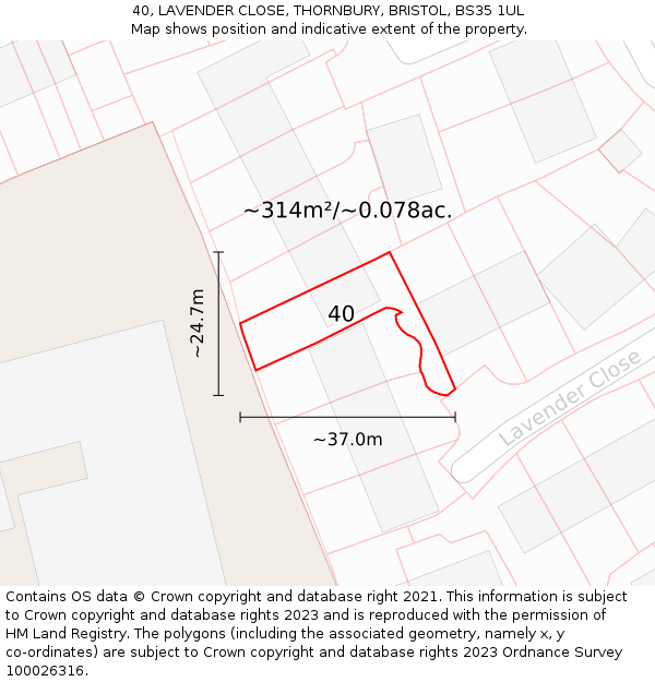 40, LAVENDER CLOSE, THORNBURY, BRISTOL, BS35 1UL: Plot and title map