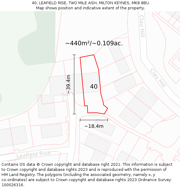 40, LEAFIELD RISE, TWO MILE ASH, MILTON KEYNES, MK8 8BU: Plot and title map