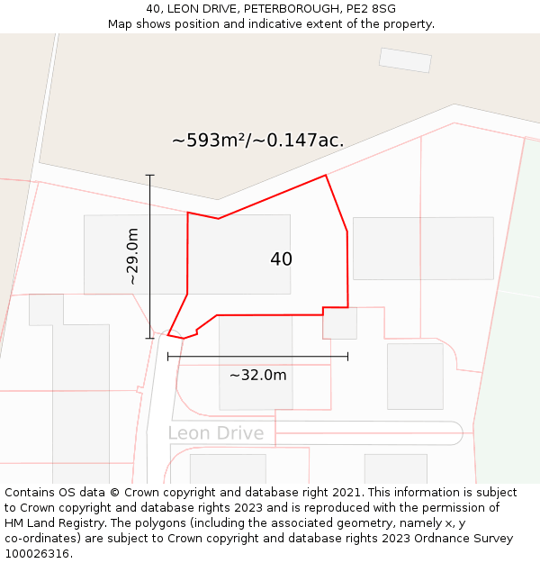 40, LEON DRIVE, PETERBOROUGH, PE2 8SG: Plot and title map