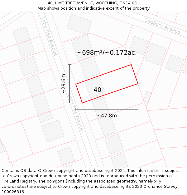 40, LIME TREE AVENUE, WORTHING, BN14 0DL: Plot and title map