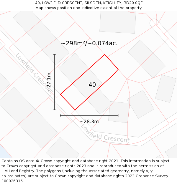 40, LOWFIELD CRESCENT, SILSDEN, KEIGHLEY, BD20 0QE: Plot and title map