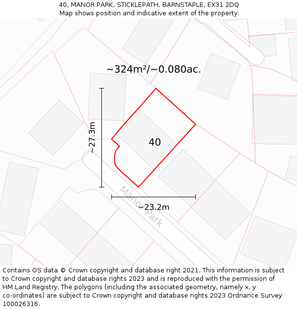 40, MANOR PARK, STICKLEPATH, BARNSTAPLE, EX31 2DQ: Plot and title map