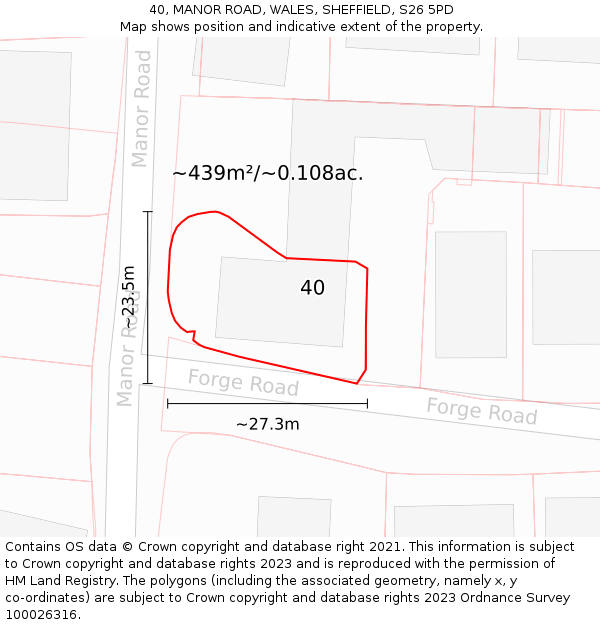 40, MANOR ROAD, WALES, SHEFFIELD, S26 5PD: Plot and title map