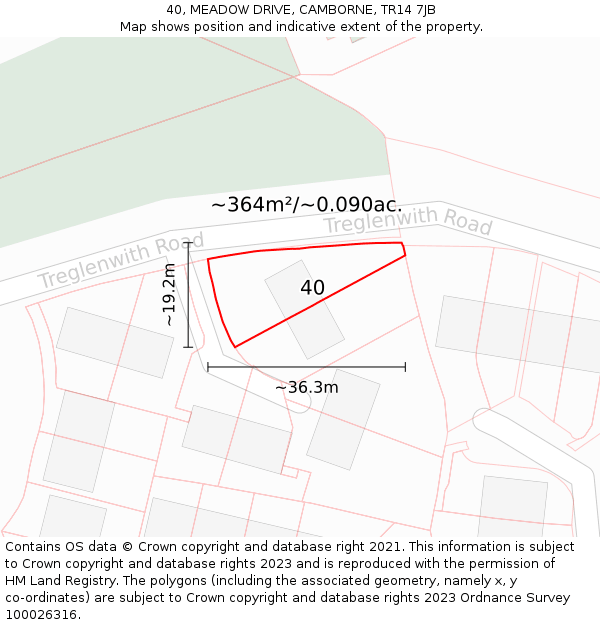 40, MEADOW DRIVE, CAMBORNE, TR14 7JB: Plot and title map