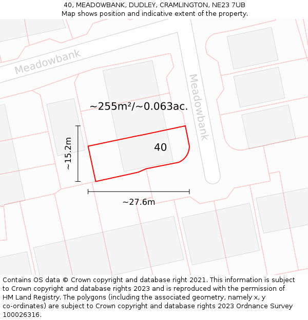 40, MEADOWBANK, DUDLEY, CRAMLINGTON, NE23 7UB: Plot and title map