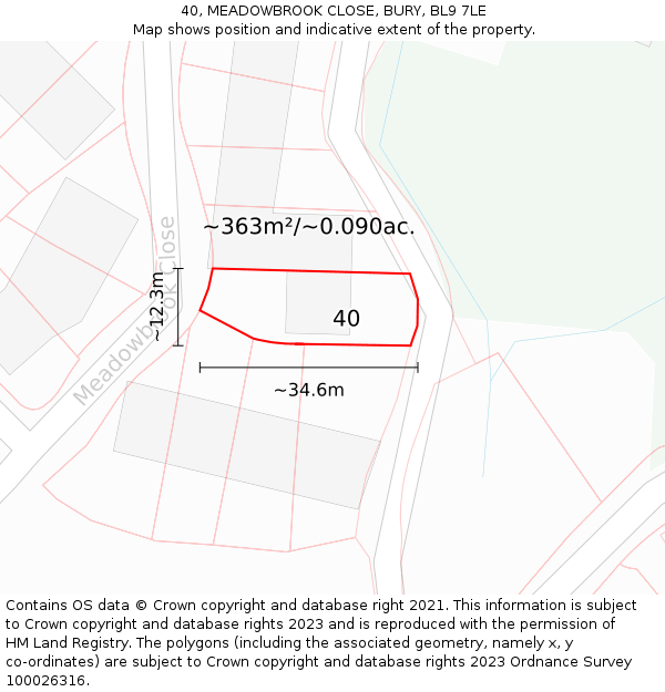 40, MEADOWBROOK CLOSE, BURY, BL9 7LE: Plot and title map