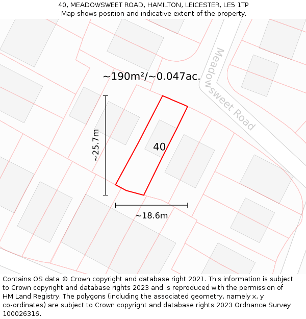40, MEADOWSWEET ROAD, HAMILTON, LEICESTER, LE5 1TP: Plot and title map