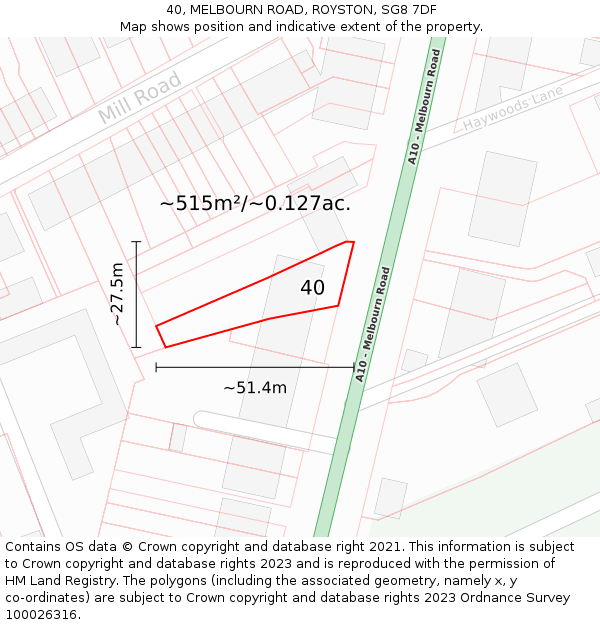 40, MELBOURN ROAD, ROYSTON, SG8 7DF: Plot and title map