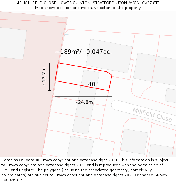 40, MILLFIELD CLOSE, LOWER QUINTON, STRATFORD-UPON-AVON, CV37 8TF: Plot and title map