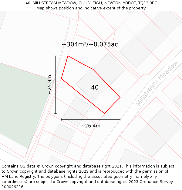 40, MILLSTREAM MEADOW, CHUDLEIGH, NEWTON ABBOT, TQ13 0PG: Plot and title map