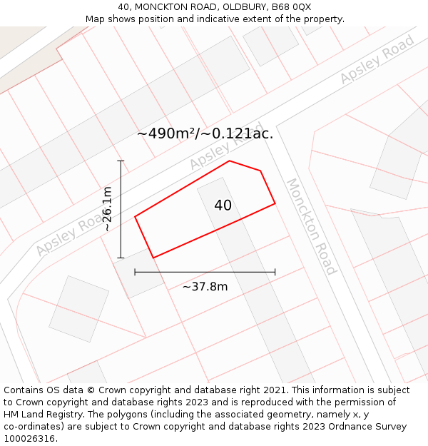 40, MONCKTON ROAD, OLDBURY, B68 0QX: Plot and title map
