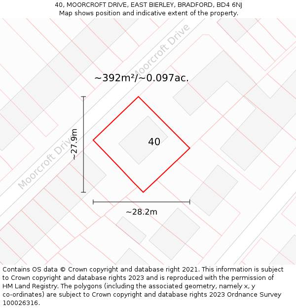 40, MOORCROFT DRIVE, EAST BIERLEY, BRADFORD, BD4 6NJ: Plot and title map