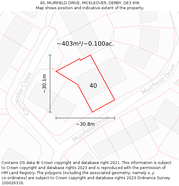 40, MUIRFIELD DRIVE, MICKLEOVER, DERBY, DE3 9YA: Plot and title map