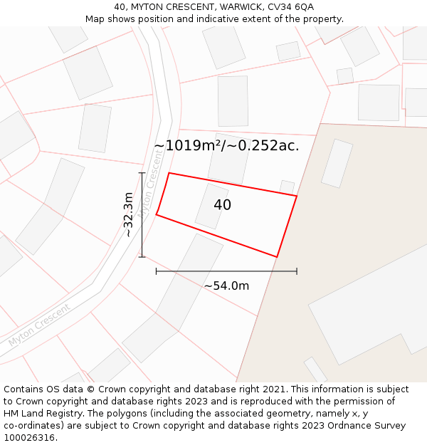 40, MYTON CRESCENT, WARWICK, CV34 6QA: Plot and title map