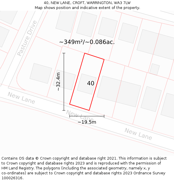 40, NEW LANE, CROFT, WARRINGTON, WA3 7LW: Plot and title map