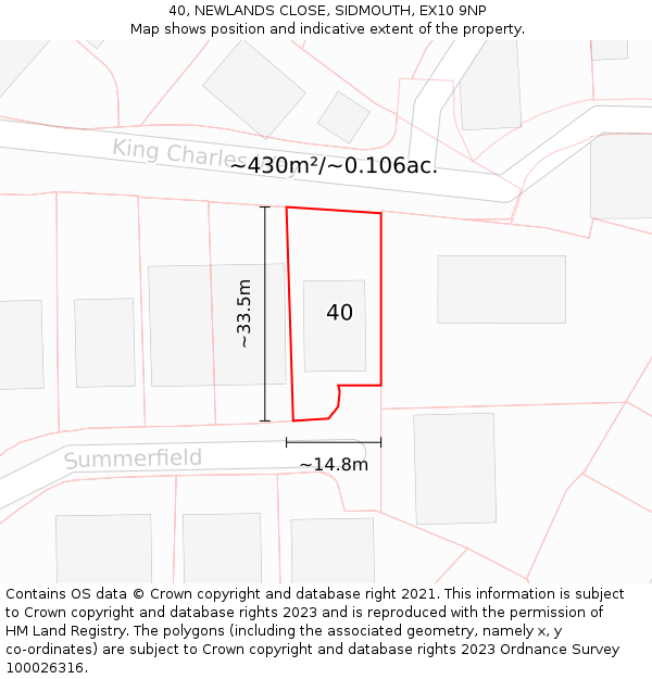 40, NEWLANDS CLOSE, SIDMOUTH, EX10 9NP: Plot and title map
