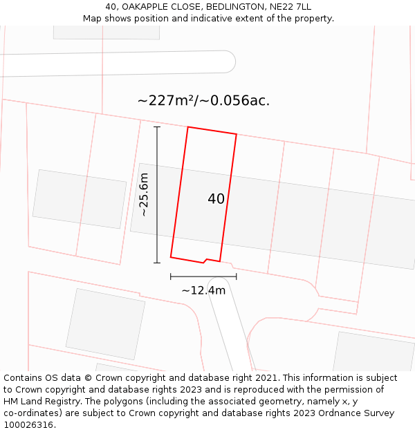 40, OAKAPPLE CLOSE, BEDLINGTON, NE22 7LL: Plot and title map