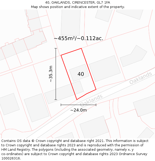 40, OAKLANDS, CIRENCESTER, GL7 1FA: Plot and title map