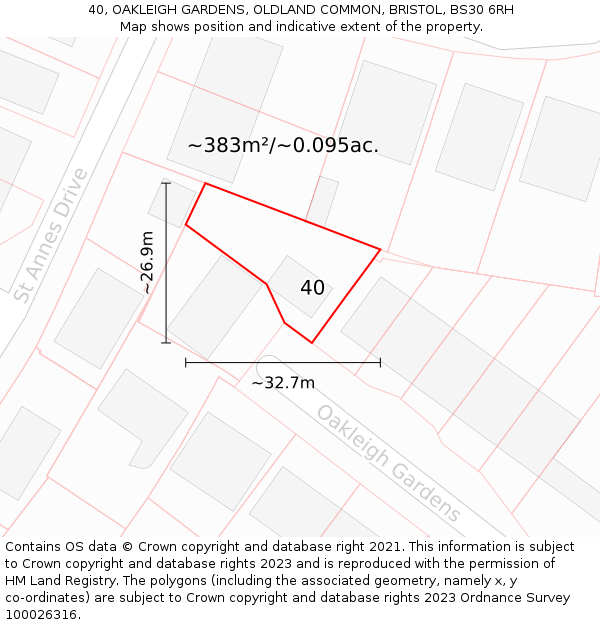 40, OAKLEIGH GARDENS, OLDLAND COMMON, BRISTOL, BS30 6RH: Plot and title map