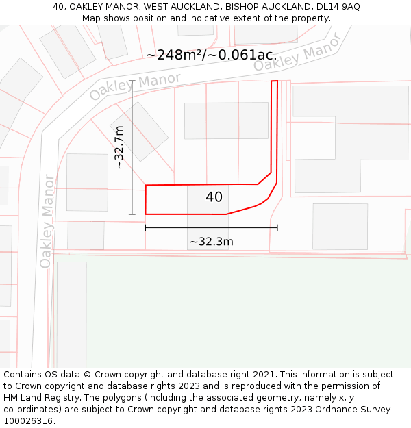 40, OAKLEY MANOR, WEST AUCKLAND, BISHOP AUCKLAND, DL14 9AQ: Plot and title map
