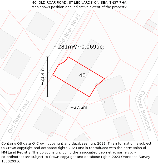 40, OLD ROAR ROAD, ST LEONARDS-ON-SEA, TN37 7HA: Plot and title map